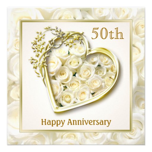 White roses and heart 50th Wedding Anniversary Invites (front side)