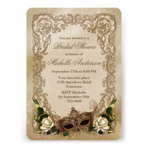 White Roses and Masquerade Mask Bridal Shower Personalized Announcements