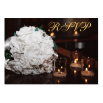White Roses & Candlelight Gold RSVP Wedding Card Business Card