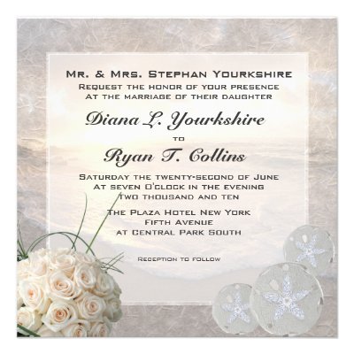 White Roses & Diamond Sand Dollar Wedding Custom Invites