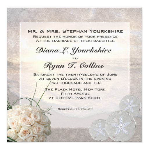 White Roses & Diamond Sand Dollar Wedding Custom Invites
