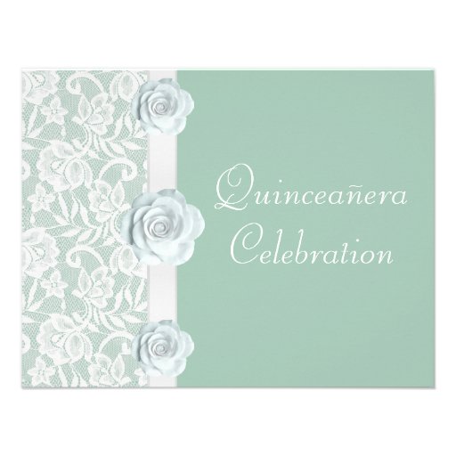 White Roses & Lace Mint Green Birthday Quinceanera Invites (front side)