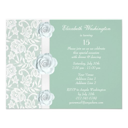 White Roses & Lace Mint Green Birthday Quinceanera Invites