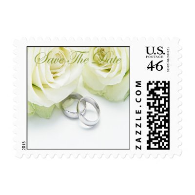 White Roses & Wedding Rings Save The Date Postage Stamps