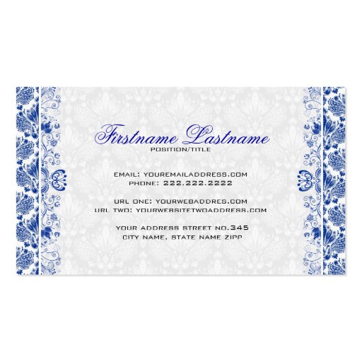 White & Royal Blue Retro Floral Damasks Pattern Business Card (back side)