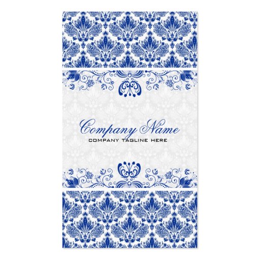 White & Royal Blue Retro Floral Damasks Pattern Business Card (front side)