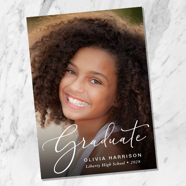 White Script Photo Overlay Graduation Announcement Zazzle