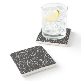 White Scrolling Curves on Black Stone Coaster