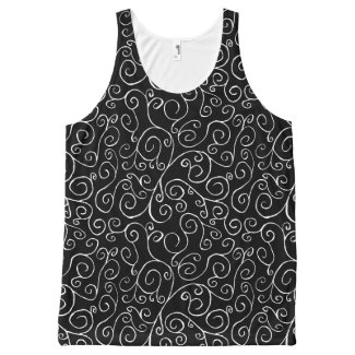 White Scrolling Curves on Black Tank Top
