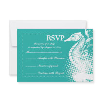 White seahorse light sea green summer wedding RSVP Custom Invite