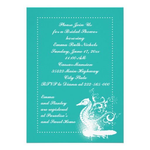 White seahorse lightseagreen wedding bridal shower custom announcement