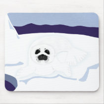 White Seal Pup on Iceberg Cartoon Art Mousepads