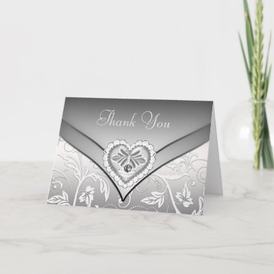 White Silver Diamond Heart Thank You Cards