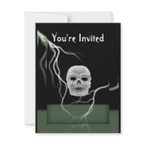 White Skull on Black Lightening Bolts Halloween invitations by jbranam White Skull on Black Lightening Bolts Halloween invitations