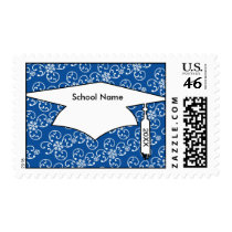 white snowflake damask on winter blue  graduation postage stamp