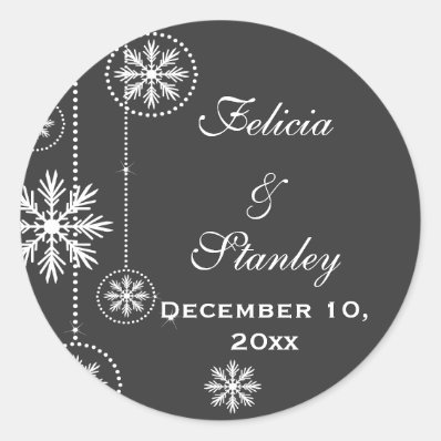 White snowflakes charcoal wedding Save the Date Round Stickers