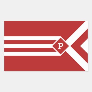 White Stripes and Chevrons on Red with Monogram Rectangular Sticker