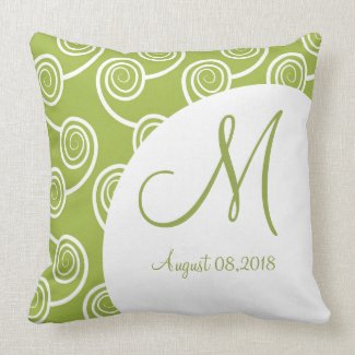 White Swirl Green Monogram Wedding Keepsake Pillow