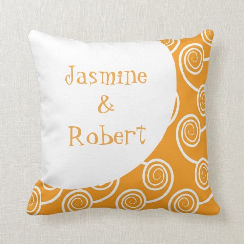 White Swirl Orange Monogram Wedding Keepsake Throw Pillow