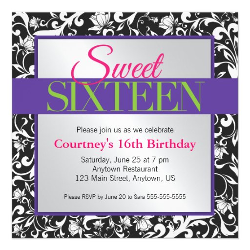 White Swirls on Black Sweet 16 Birthday Announcements