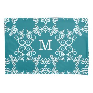 White Swirls On Teal Personalized Monogram Pillowcase