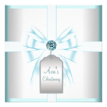 White Teal Blue Baby Baptism Christening Custom Invites