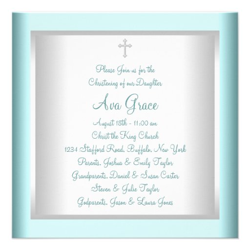White Teal Blue Baby Baptism Christening Custom Invites