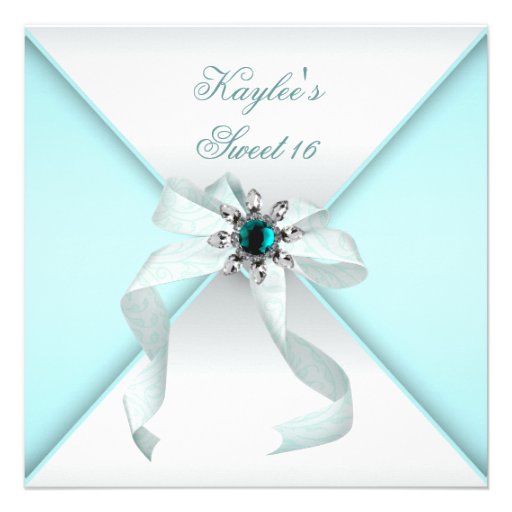 White Teal Blue Sweet 16 Party Invite