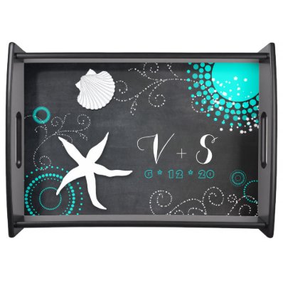 White, Teal Chalkboard Beach Wedding Monograms Serving Tray