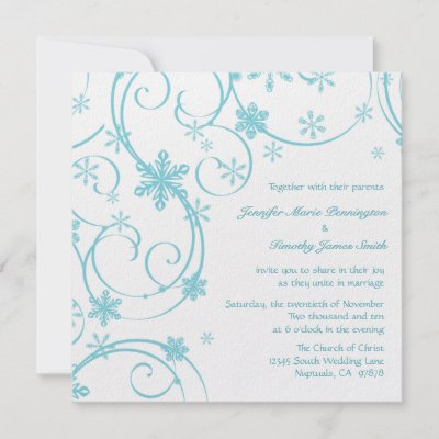 White teal snowflakes winter wedding invitation by Jamene