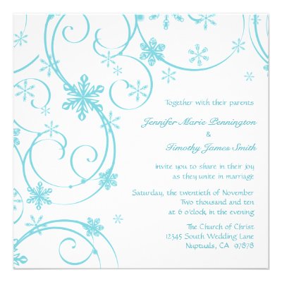 White teal snowflakes winter wedding invitation