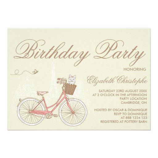 White Terrier on Pink Bicycle Birthday Invitation