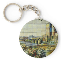 white Tile showing Cordoba scene, Plaza Santa Ana, Keychain