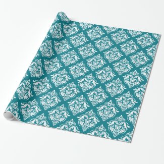 White & Turquoise Damask Pattern Wrapping Paper