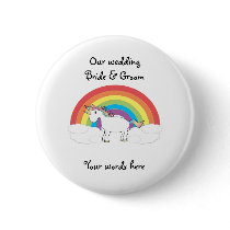 White unicorn on rainbow and clouds pinback button
