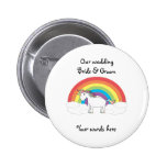White unicorn on rainbow and clouds pinback button