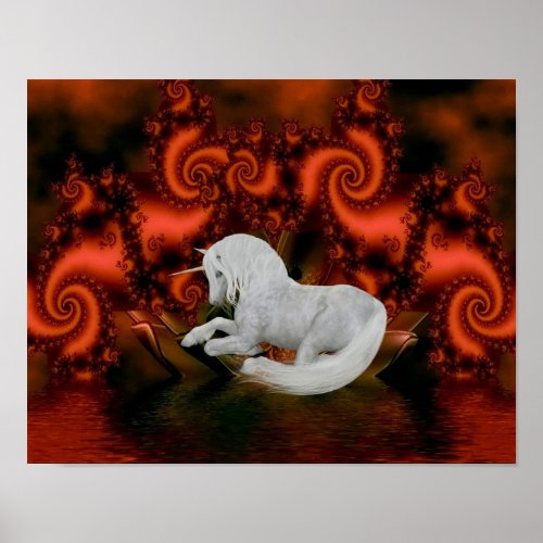 White Unicorn Red Fractal Fantasy Horse Poster zazzle_print