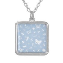 White Vector Bugs & Butterflies (Sky Blue Back) Personalized Necklace
