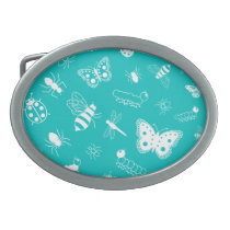 White Vector Bugs & Butterflies (Teal Background) Oval Belt Buckles