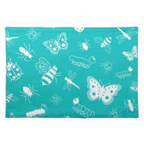 White Vector Bugs & Butterflies (Teal Background) Placemats