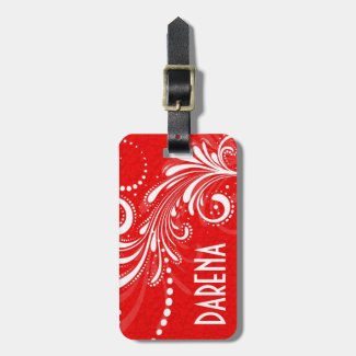 White Vintage Floral Swirl Red Damasks Monogram Tags For Luggage