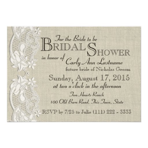 White Vintage Lace and Burlap Design Bridal Shower Announcements
