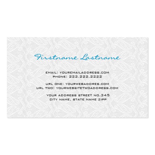 White Vintage Orante Lace Template Business Card (back side)