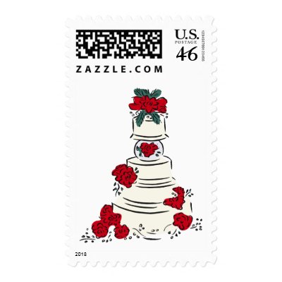White Wedding Cake with Red Roses Stamp by weddingcards