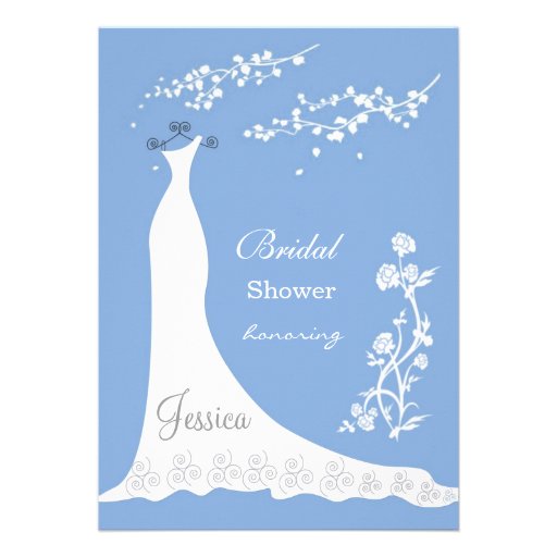 White wedding dress, blossom on blue Bridal Shower Custom Announcement