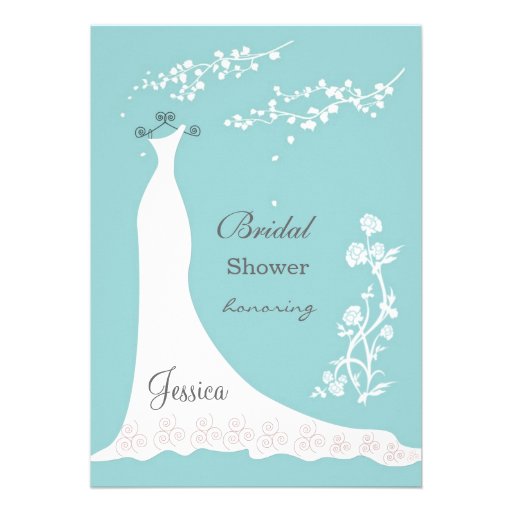 White wedding dress on aquamarine Bridal Shower Announcement