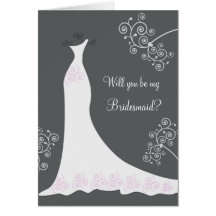 White Wedding dress on black Bridesmaid Request Greeting Card