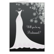 White Wedding dress on black Bridesmaid Request Cards