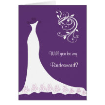 White Wedding dress, swirls on purple Bridesmaid Greeting Cards