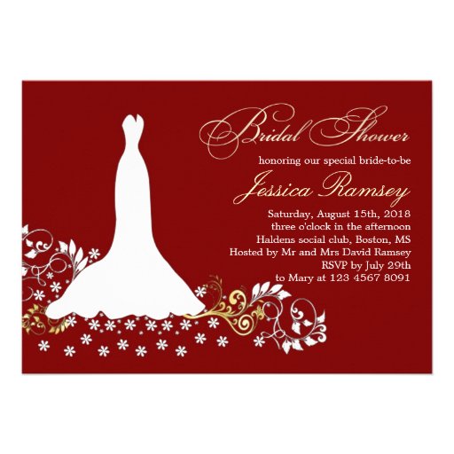 White wedding dress, swirls on red Bridal Shower Custom Invite